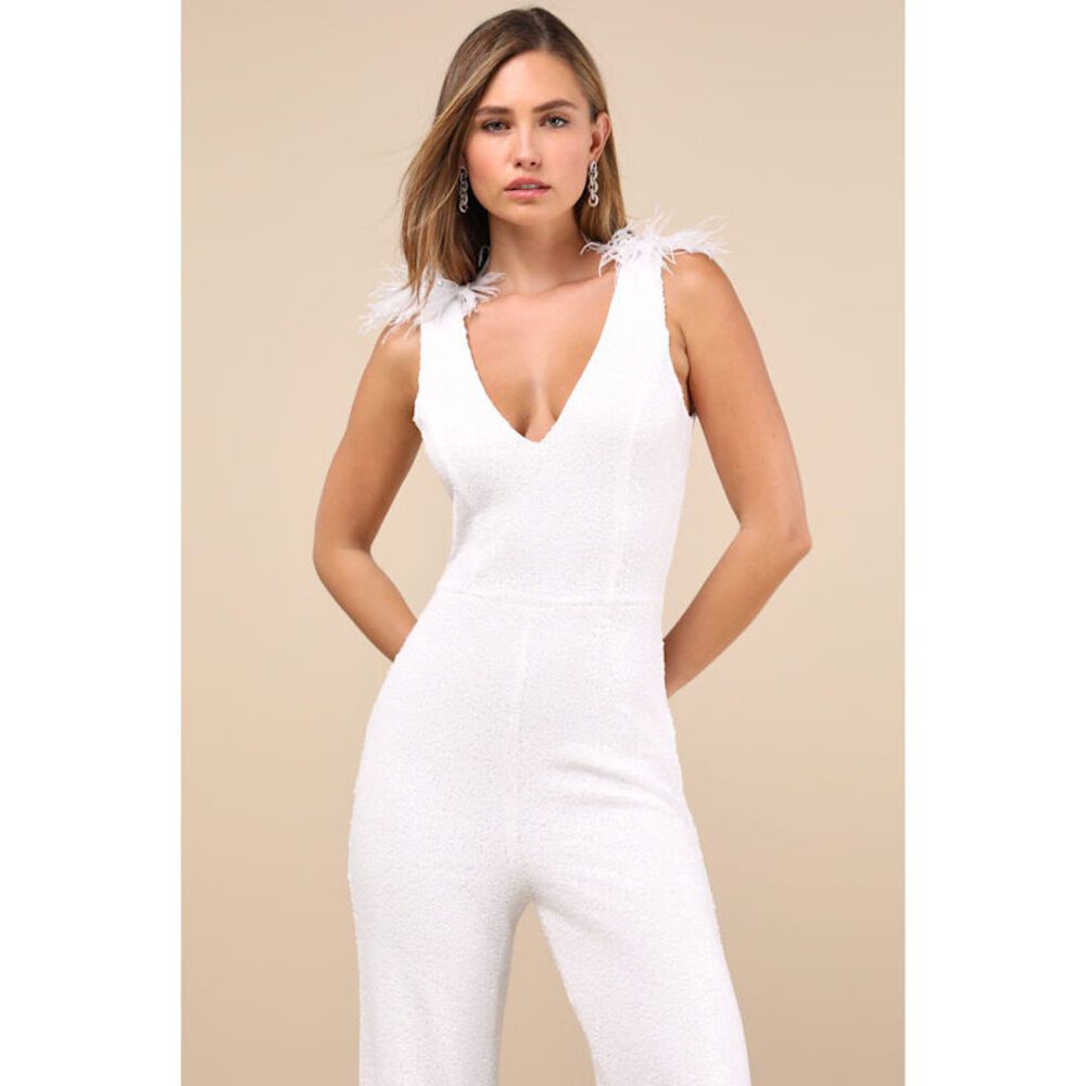 Lulus Shiny Perfection White Sequin Feather Rhinestone Jumpsuit - Size S